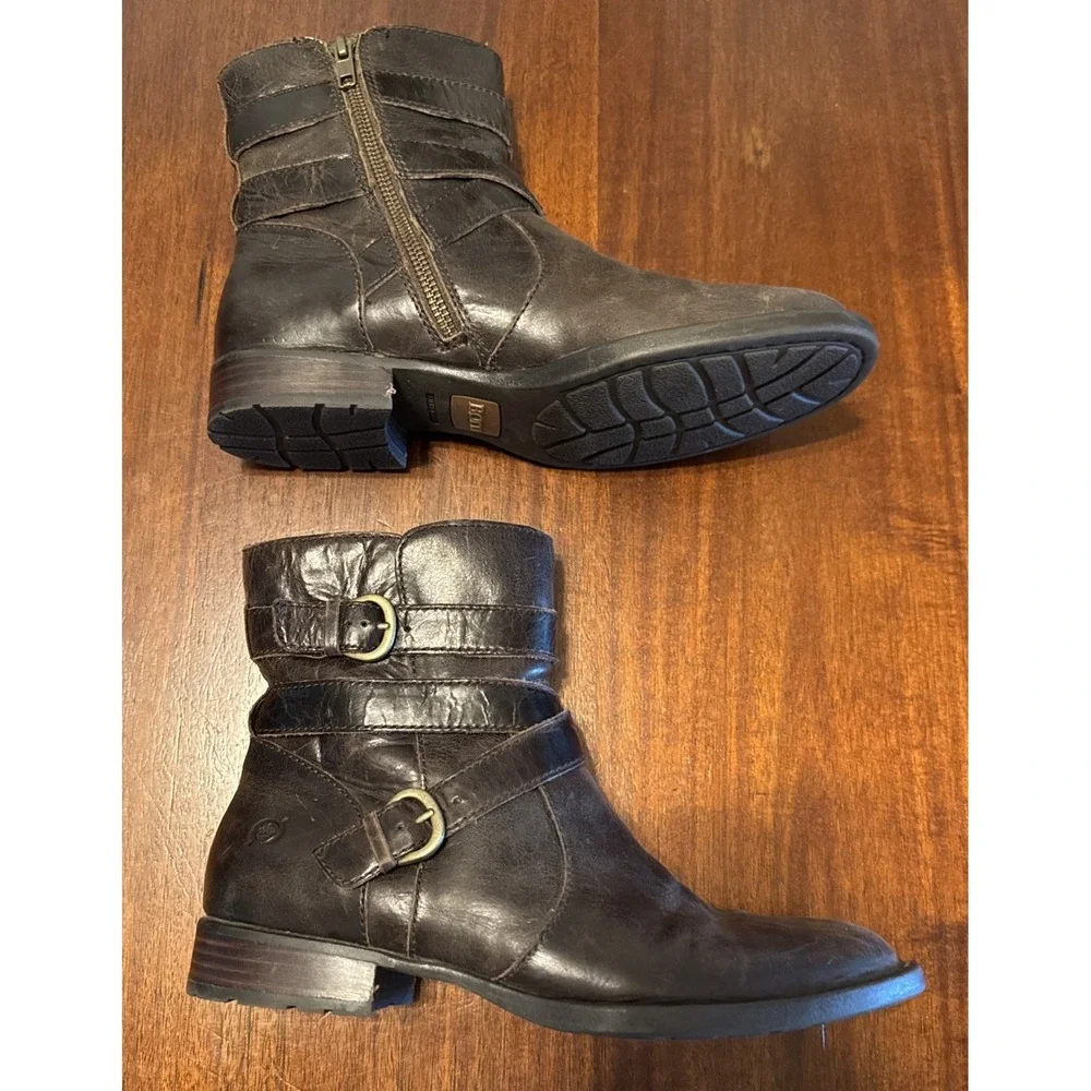 Born D76223 Womens 8M Brown Leather Moto Ankle Boots Double Buckle Side Zip